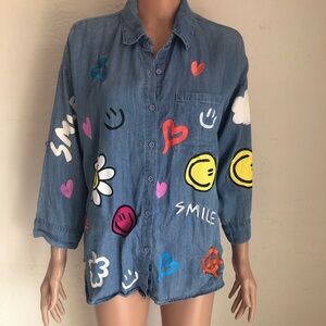 Pastel Denim Jeans Button-Up Shirt Women’s Size L Long Sleeves Graphic Print